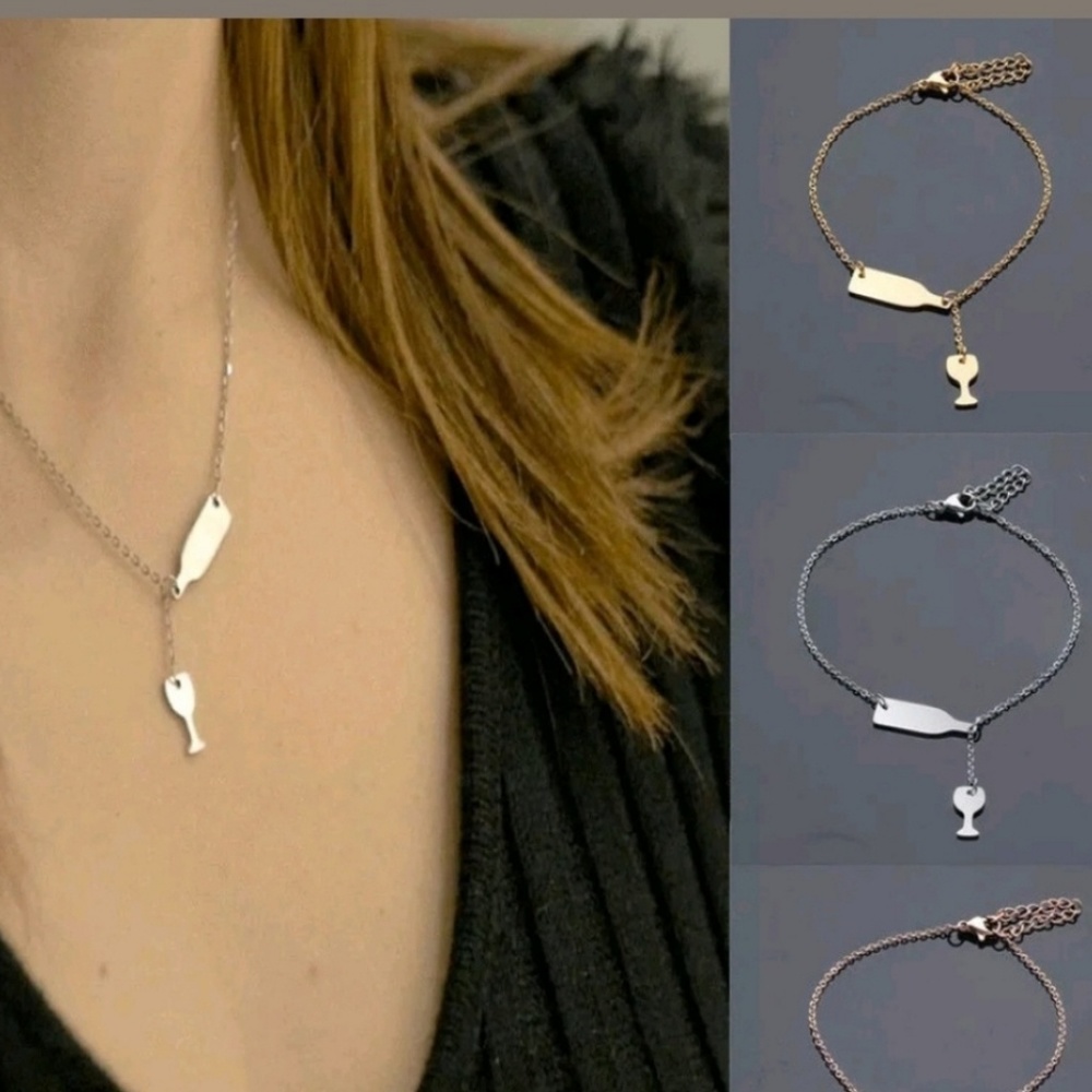 Wine Beer Cup Bottle Pendant Stainless Stell Neckl